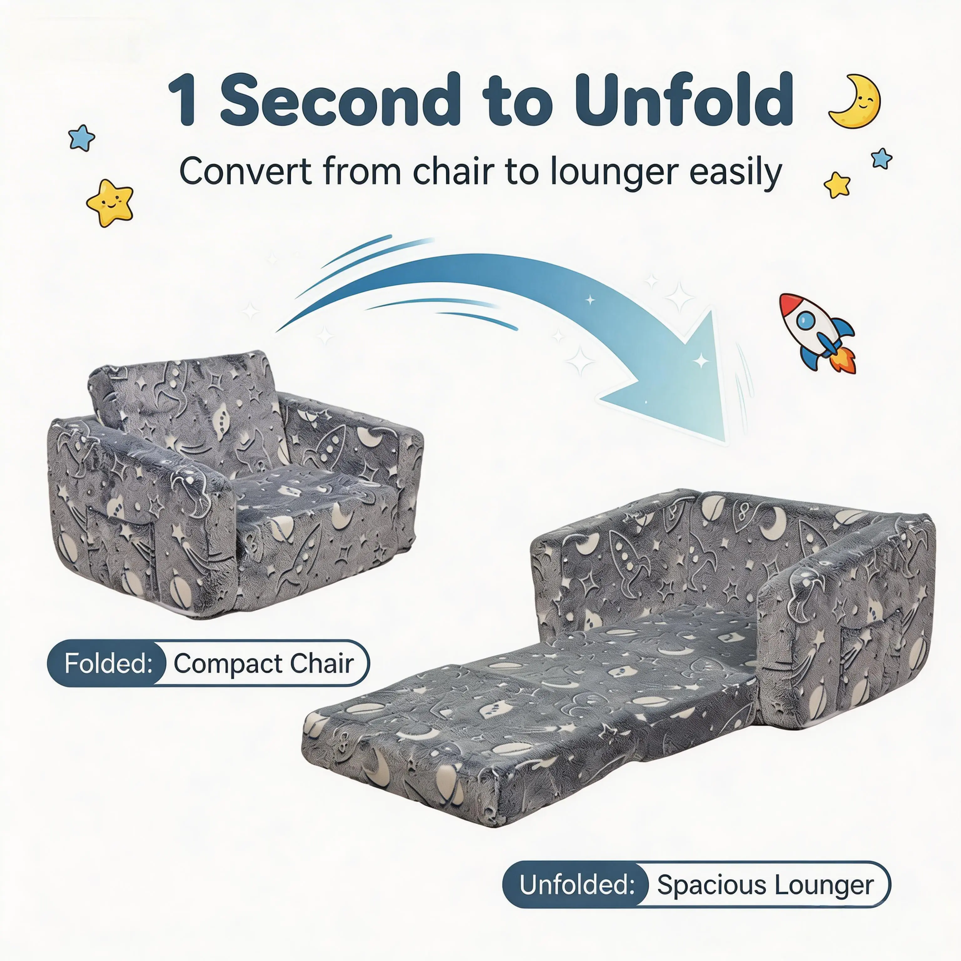 Kids Couch, 2-in-1 Toddler Chair Comfy 2-6 Years Old, Convertible Kids Chair, Toddler Couch Sofa, Kid Sofa to Lounge Bed for Boys and Girls Gifts, Kids Recliner, Grey