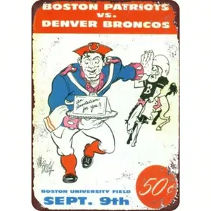 Vintage Aluminum NFL Game Day Sign Featuring Boston Patriots and Denver Broncos Retro Team Logo Design