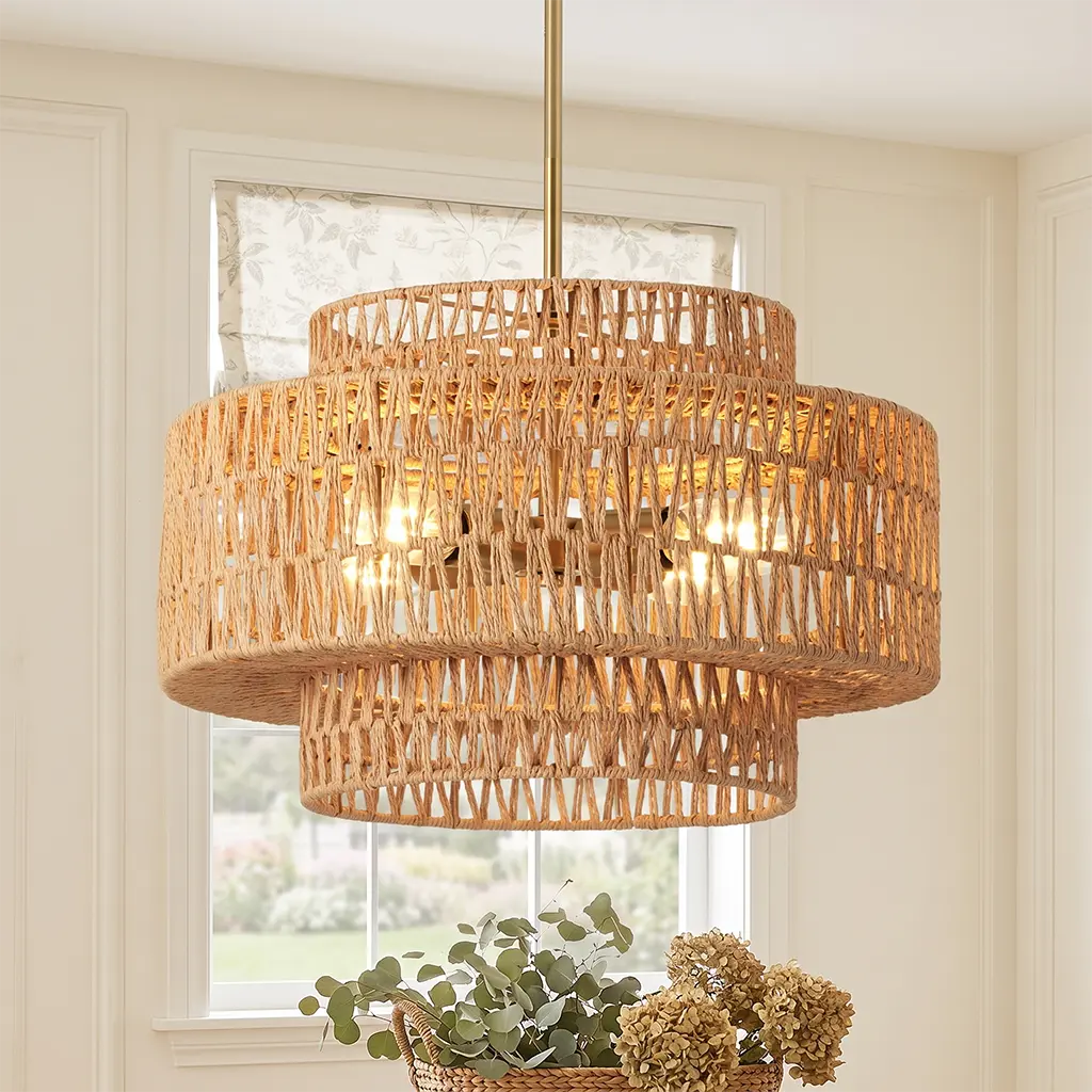 17.8" Gold Rattan Chandelier, 4-Light Hand-Woven Boho Light Fixture | 3-Tier Drum Wicker Chandelier, Farmhouse Rustic For Dining,Kitchen,Hallway, Foyer,Bedroom; Adjustable Chain, E26, Dimmable