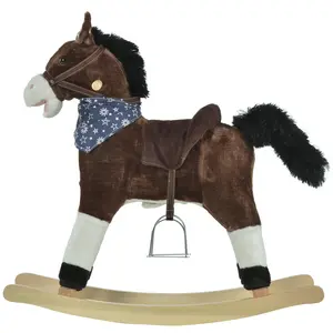 Brown Kids Plush Ride-On Rocking Chair Horse, Nursery Indoor Furniture with Fun Realistic Sounds for 3-6 Years Old Cowboy Play
