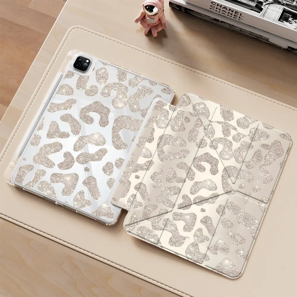 Gold Leopard Print iPad protective case, iPad Protective Casing, Tablet protective cover, Tablet covers, Ipad Tablet Accessories, transparent acrylic Y folding stand suitable for all models of iPad 7.9/10.2 inch, with scratch and impact protection, gift