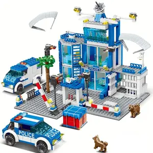 Blue Police Building Blocks Set, Car City Construction Toys, Blue Theme Police Station Design, Desktop Decoration, Building Blocks Model
