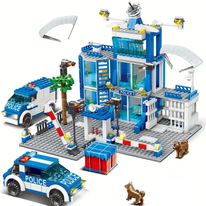 Blue Police Building Blocks Set, Car City Construction Toys, Blue Theme Police Station Design, Desktop Decoration, Building Blocks Model, Bricks
