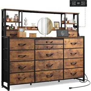Storage Organizer Unit with 15 Fabric Drawer & 5 Open Shelves, Tall Storage Drawers Organizer with Charging Station, Storage Tower Organizaton for Living Room, Hallway, Office, Rustic Brown