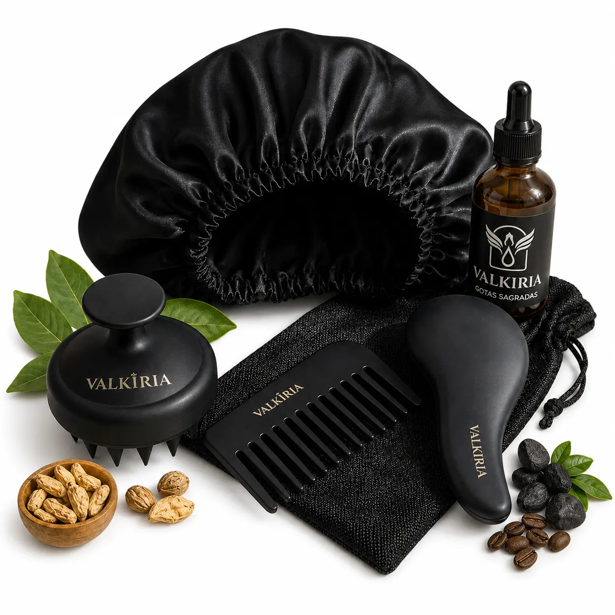 Valkiria Hair Combo Set - 5 Premium Products for Unisex Hair Care, Includes Detangling Brush, Scalp Massager, Cap Sleep Satin Bonnet, and Special Gotas sagradas