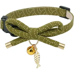 Cute Bowtie Cat Collar with Bell. Japanese Stylish Bowknot & Fish Charm. Safety Breakaway, Soft, Lightweight, for Girl Boy Male Female Cats Kitten,Green