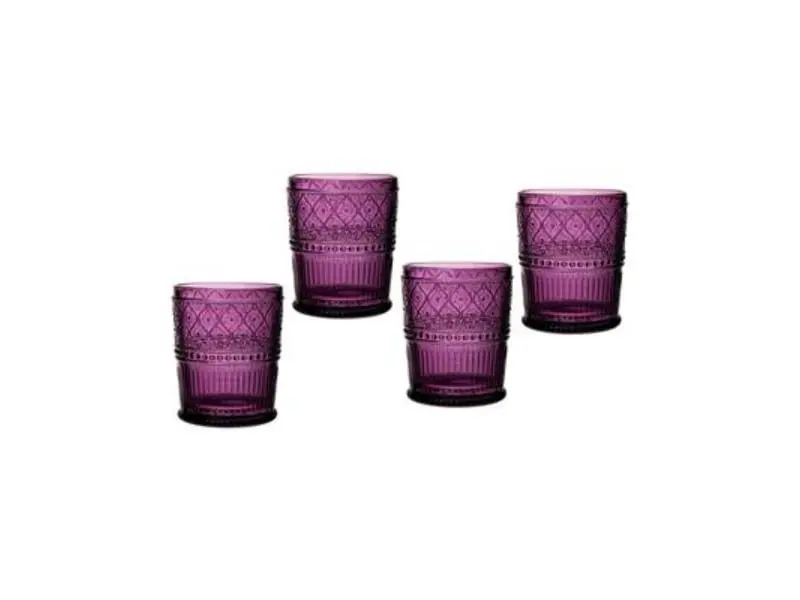 212 MAIN Claro 4-Piece Double Old-Fashioned Plum Glassware Set - Durable, Stylish Glass Cups with Beautiful Design for Kitchen, Drinkware Use