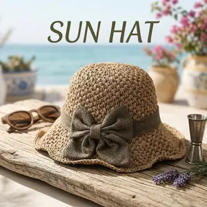 Female Lightweight Retro Straw Casual Sun Hat - Foldable Wide Brim, Breathable Woven, Bow Accent, Summer Beach Accessory for Travel, Vacation and Outdoor Use, Casual Hat