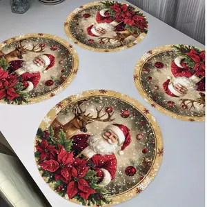 Santa Round Linen Placemats, Christmas Party Table Mats, Non-Slip Heat Resistant, Home Decor, Family Gathering Table Pads, 4/6/8/10 Pieces