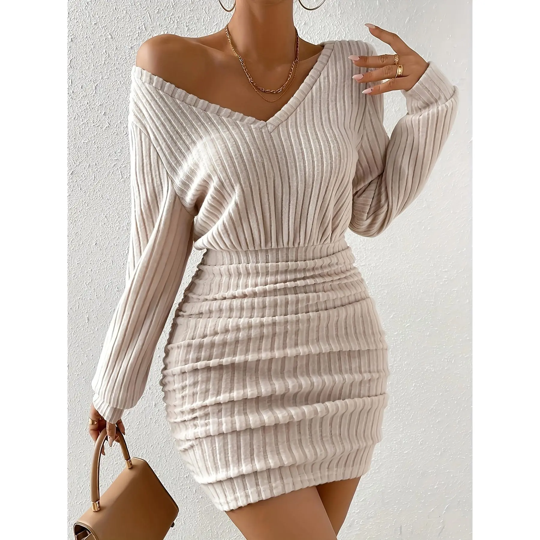 Versatile Striped Knit Sweater Dress - Women's V-neck, Long Sleeves, And Pleated Mini Design, Tight-fitting, Versatile Striped Knit Sweater Dress - Women's V-neck, Long Sleeves, And Pleated Mini Design, Tight-fitting,