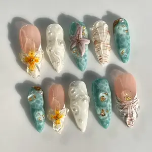 10 Pcs Dreamy Long Pointed Nail Tips, Handmade 3D Ocean Shell Star Gold Foil Decor, Luxurious Mermaid Gloss Nails, Perfect for Summer, Vacation, Date