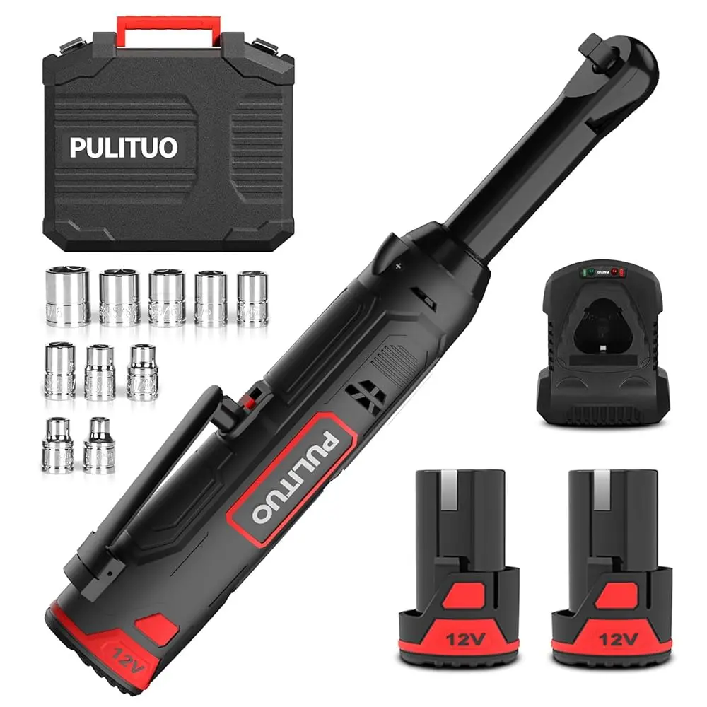 【Father's Day Gift】PULITUO 3/8" 12V Cordless Ratchet Wrench Power Tool, Portable, 40Ft-lbs Torque, 300RPM, with Handle, Battery and Charger
