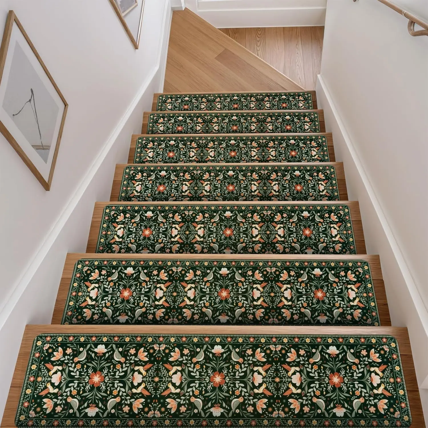 Floral Stair Treads Non-Slip Stair Runner for Wooden Steps Indoor 15 count 30"x8" Carpet Stair Treads Stair Mats Staircase Step Treads for , Elders and Dogs, Stair Covers, Black