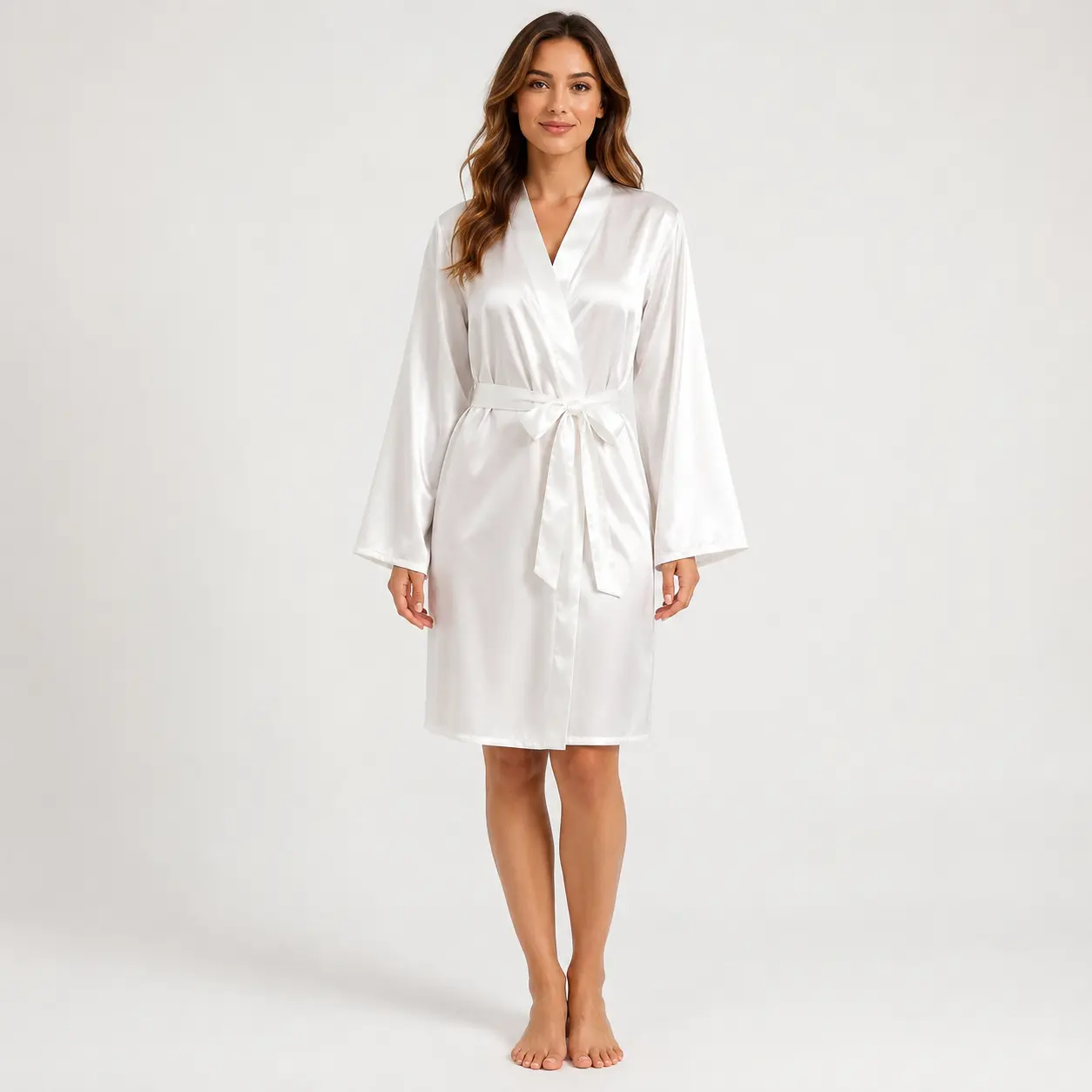 Women's Elegant White Bathrobe - V-Neck, Tie-Waist Design for Loungewear & Sleepwear