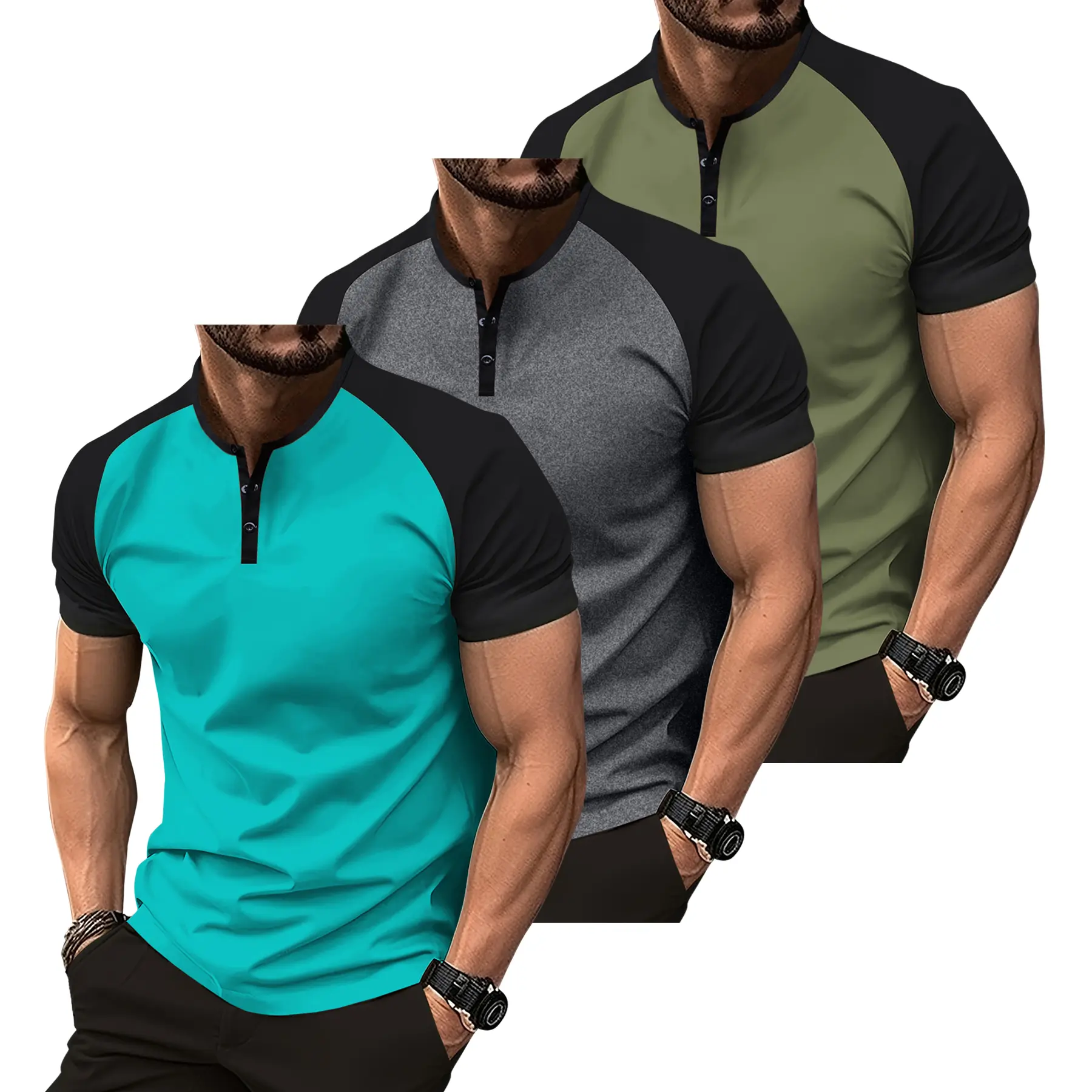 Menswear 3-Pack Casual Round Neck Raglan Short-Sleeve Plain Henley T-Shirts for Men, Solid Multiple Colors, Basic Tops for Travel, Outdoor Camping, Shortsleeve, Polyester Blend, Slight Stretch, Clothes, Henley Shirt, Solid Colours, Raglan Sleeves, Button,