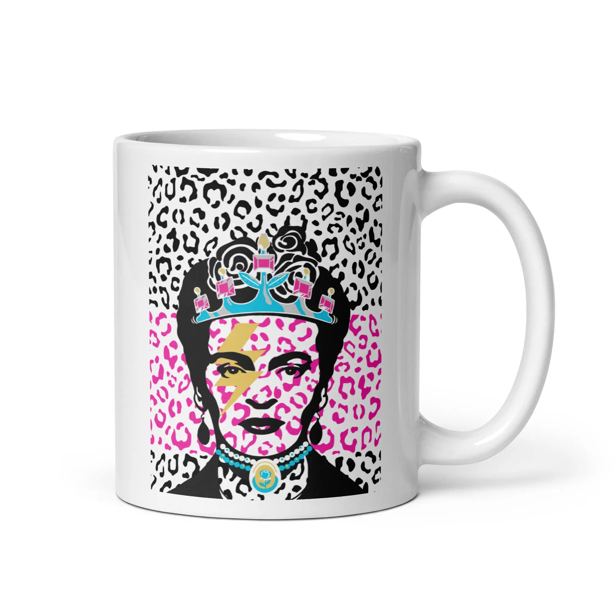 Cheetah Print Frida Khalo Lightning Bolt - White glossy mug