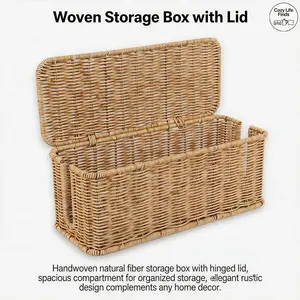 Cable Management Box, Handmade Rattan Cable Organizer with 2 Open Slots, Cord Hider for Power Strip, Router & USB Hub, Registered U.S. Design Patent (D1,112,102), 13" x 5.1" x 5.1", Natural