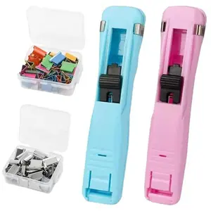 Portable Binder Clip Stapler, 100 Reusable Clips, Handheld Paper Clam Clip Dispenser for Desktop Document Home School Desk Office (Blue + Pink) fathersdaygift