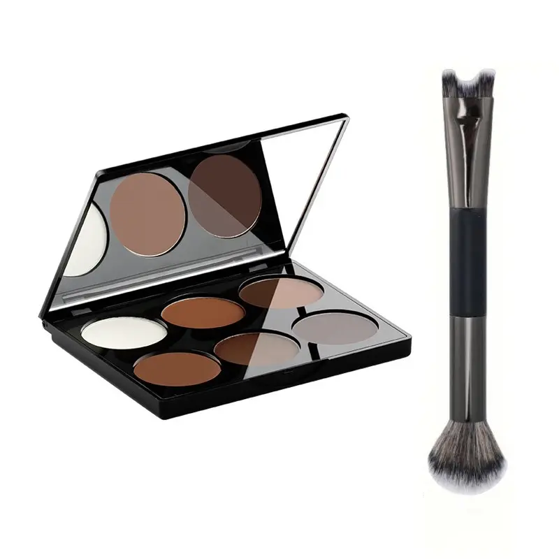 MAYCHEER 6-Color Contouring, Facial Contouring Makeup, Face Contour Buildable Matte Powder Bronzer & Highlighting Palette + 2-in-1 Dual-Ended Brush Set, Includes U-Shaped Nose Contour Brush for Foundation & Concealer, Matte Sculpting Makeup Kit