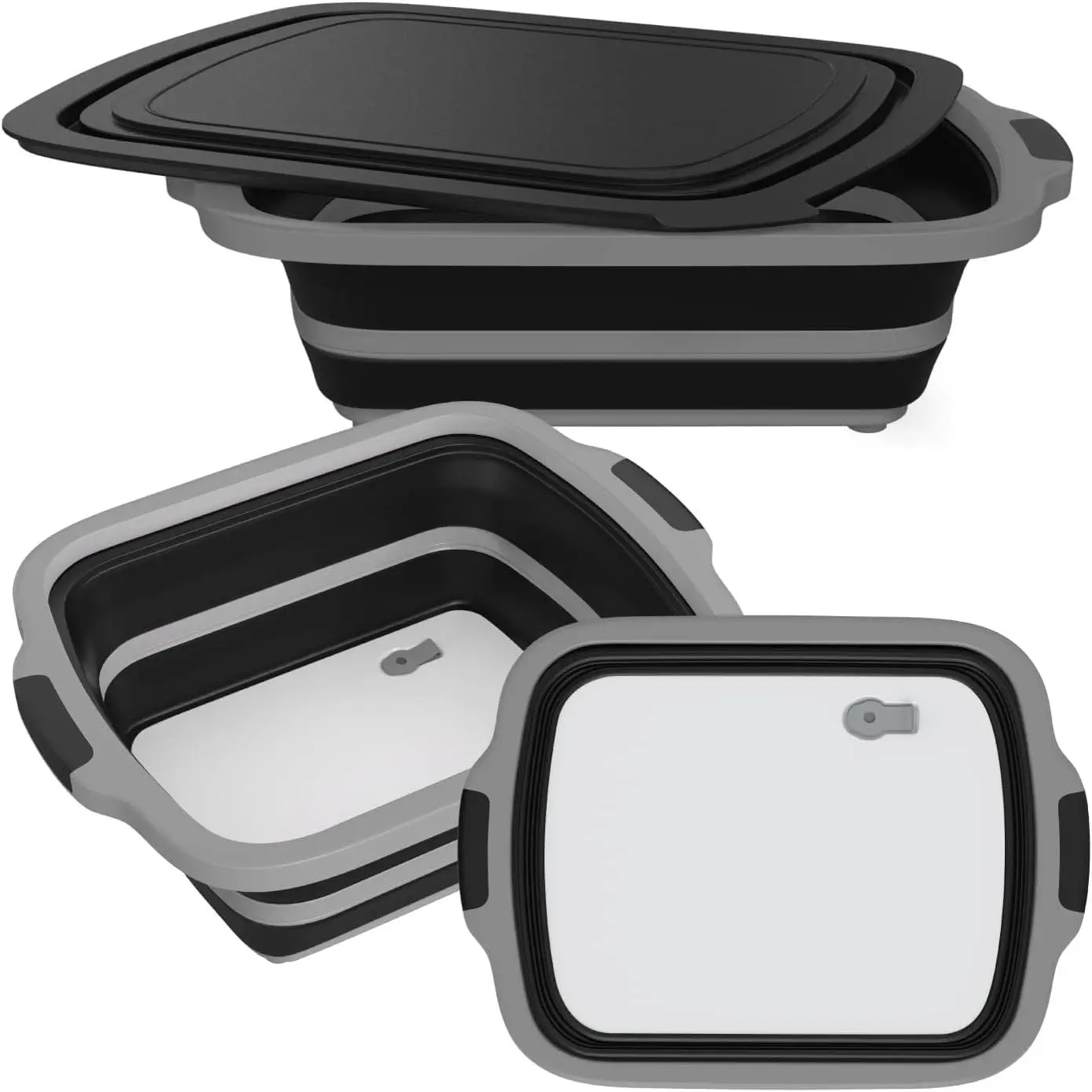 2-Pack XL Collapsible BBQ Prep Tub with Built-In  Board, Lid & Strainer - Marinate, Drain & Prep - Large -Safe Container -  for Grilling,  & Outdoor Cooking (Black)