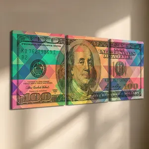 3 Pcs/Set Wooden-Framed Canvas Painting, Colorful Geometric 100 Dollar Bill Pop Art Triptych Canvas Wall Art, Rainbow Triangle Print for Living Room, Bedroom, Office Decoration, Modern Home Decor, Fashion Artistic Ornaments, Artwork