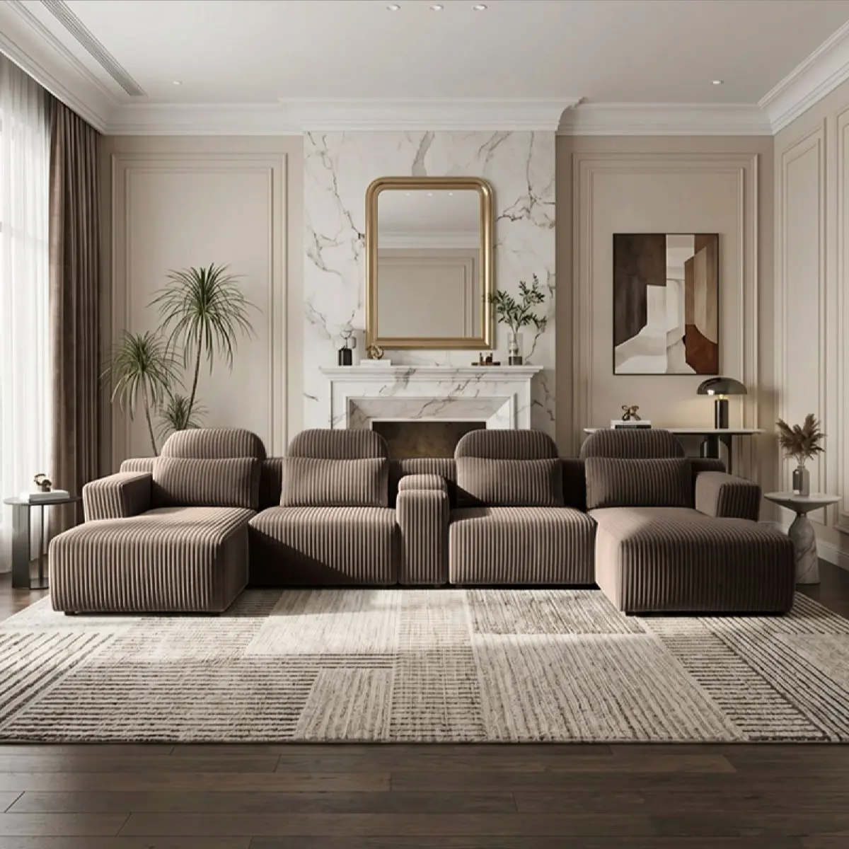 AobtkelModern Coffee Velvet L-Shaped Sectional Sofa - 4-Piece Living Room Set with Chaise Lounge & Cup Holders - 143.7"/365cm Extra Large Modular Sofa for Home Theater, Family Room, Luxury Living Spaces#Summervibes, Couches For Living Room, Sofas Living