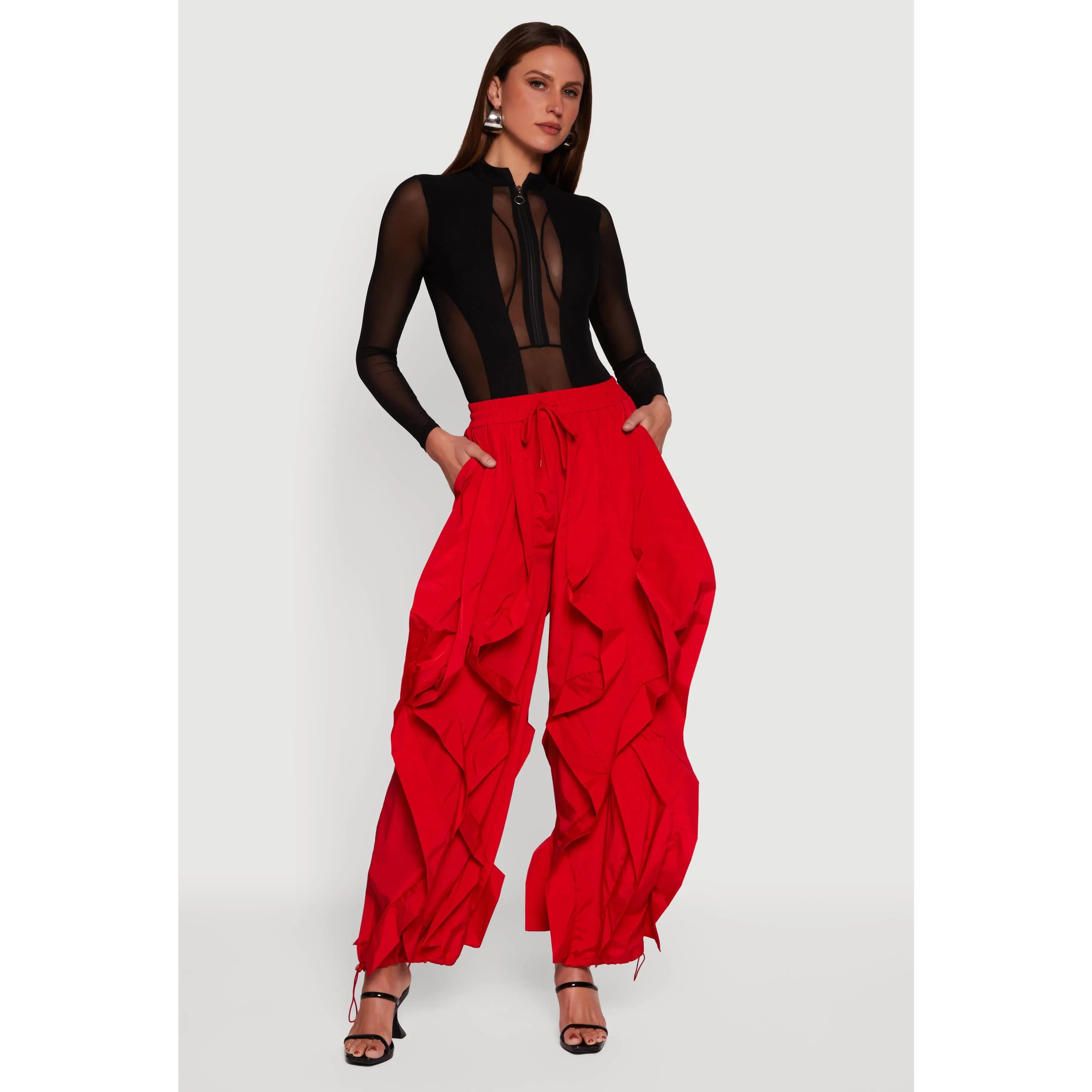 Drawstring Waist Ruffle Parachute Pants