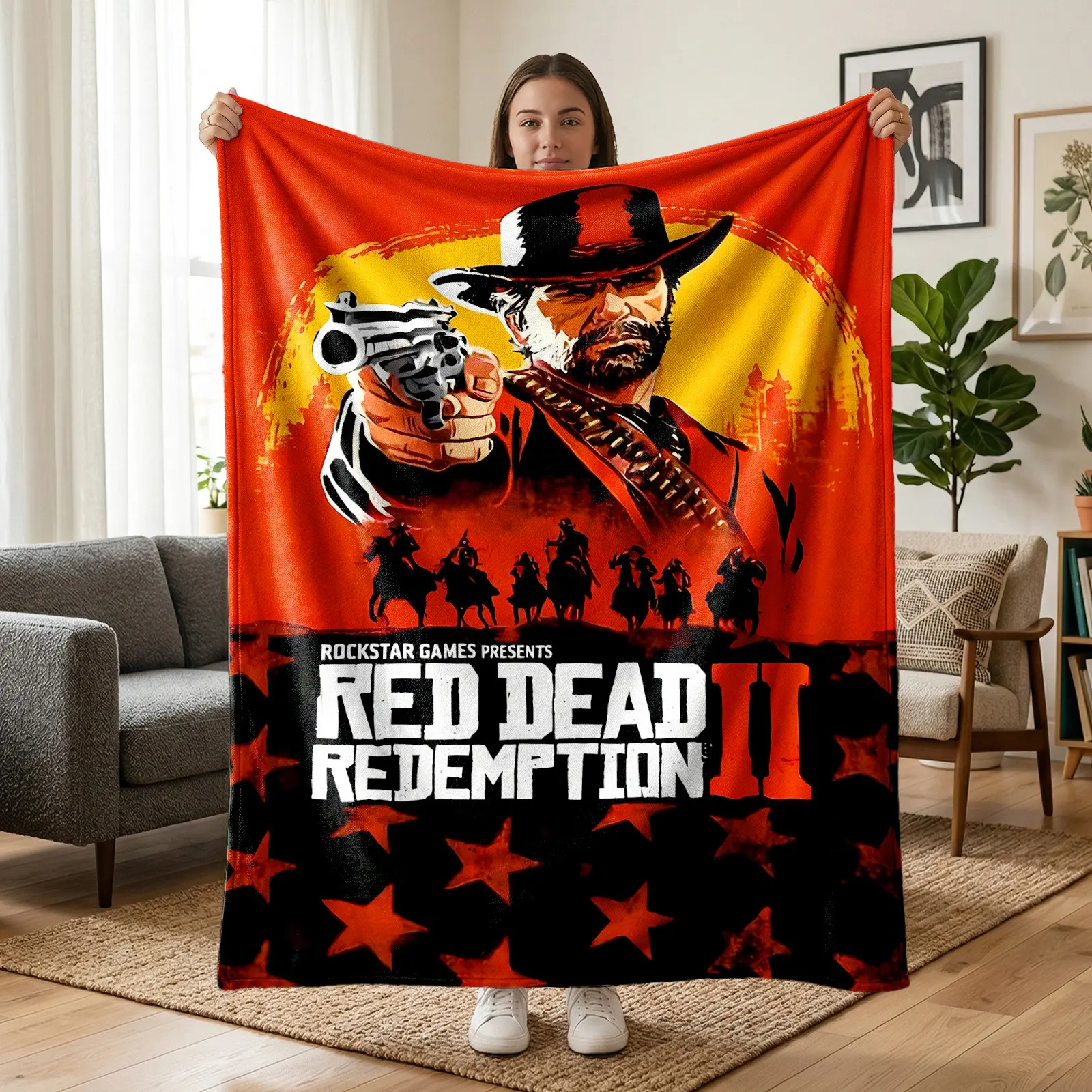 1 pc Red Dead Redemption 2 themed flannel blanket, all-over print featuring classic game characters in Western cowboy style, high-energy Western aesthetic. Soft, warm, comfortable nap blanket—versatile gift suitable for sofa, bed, office, shawl/wrap, camp