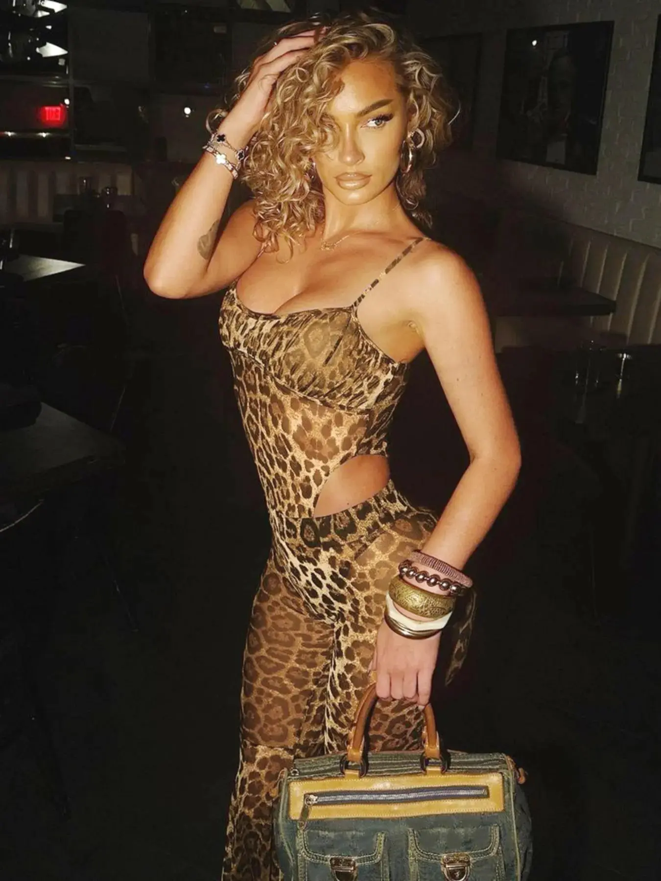 Women's Leopard Print Sheer Mesh Two-piece Set, Sexy Sleeveless Spaghetti Strap Cami Bodysuit & Flare Leg Pants Set for Party Club Night Out, Ladies Summer Clothes, Fashion Clothes Set