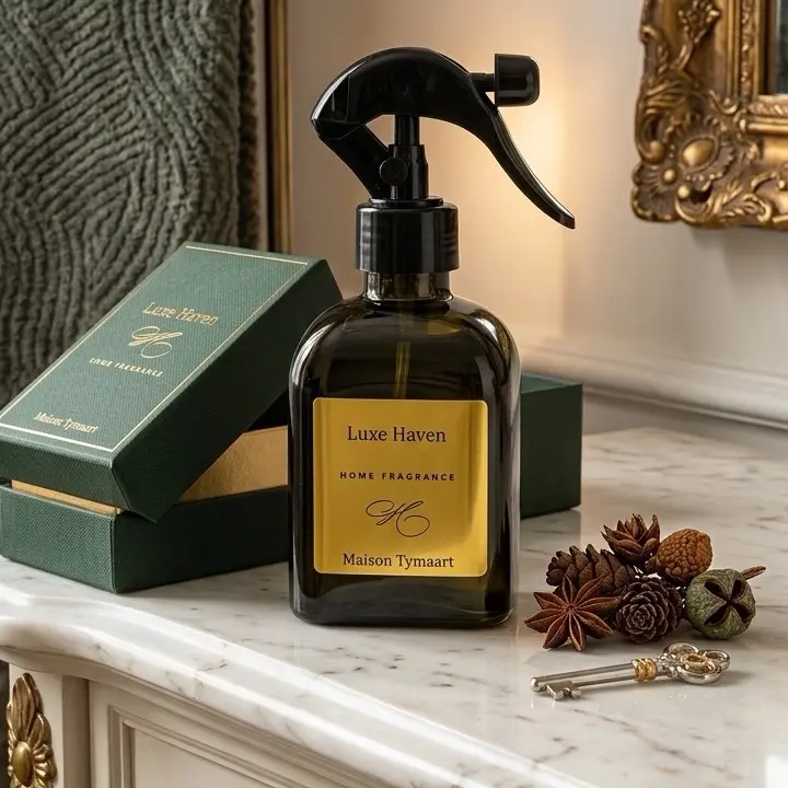 Maison Tymaart Luxe Haven Glass Bottle Room Spray - Olive-Infused Floral Lemon Cardamom Cinnamon Cedarwood Mix Fragrance, All Seasons Long-Lasting Fine Mist Air Freshener for Living Room, Entryway