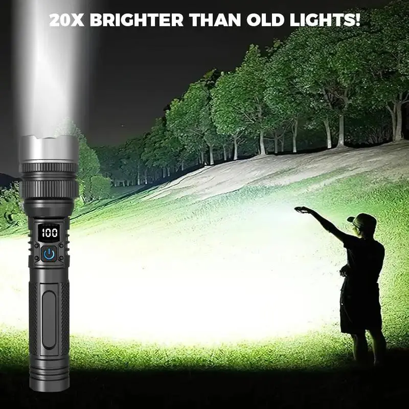 Qawtor 2-in-1 Strong Rechargeable Flashlight-Power Bank with Digital Power Display, Zoomable, 4X Waterproof, Adjustable Brightness, USB Port, Lithium Ion Batteries, Camping Accessories (Black)