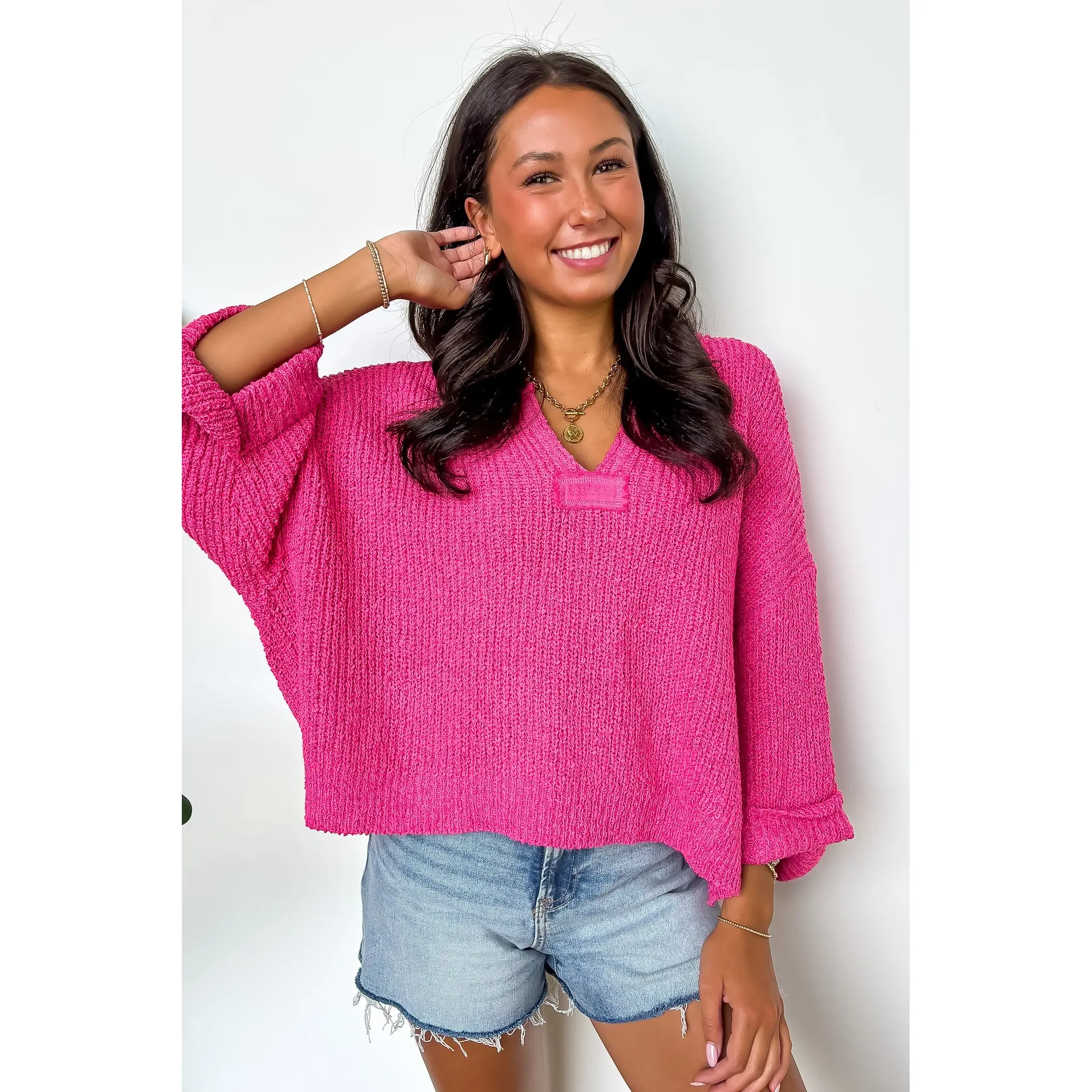 Leonie V-Neck Patch Knit Pullover - BACK IN STOCK