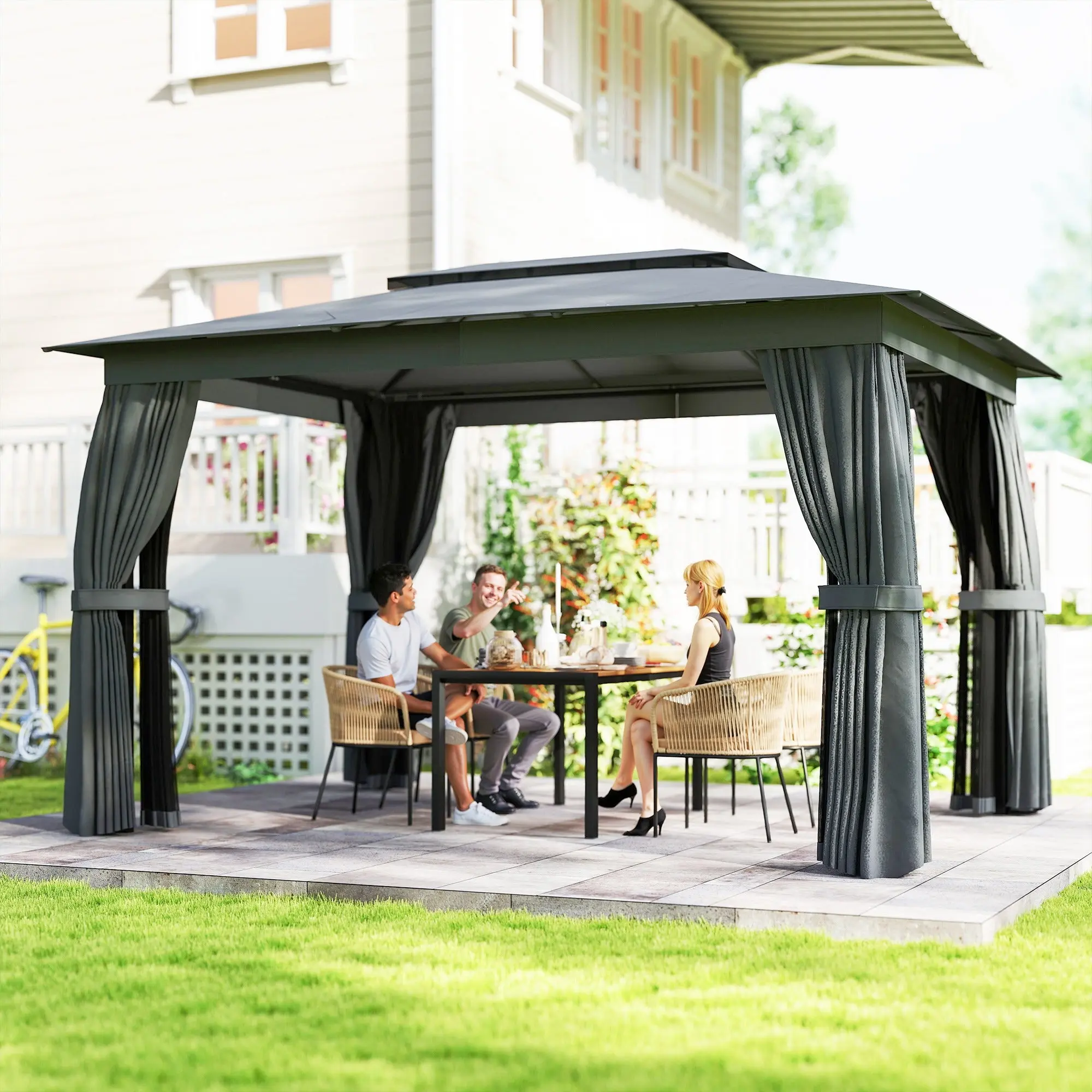 12x10 ft Outdoor Hot Tub Gazebo - Double Tier Roof, Curtains, Netting, Steel Frame | Sun Protection Weatherproof Privacy Spa Enclosure for Outdoor Patio, Built-in Sunshade Shelters & Gazebos (Black/Dark Gray)