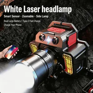 White laser headlamp — 750m range, 5 nights on one charge. Zoom adjustable, includes RGB filters (red/green/blue). 180° tilt, motion sensor, 5 light modes, soft side light. USB‑C charging, also works as a power bank.
