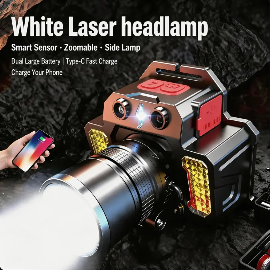 Rechargeable headlamp with long range and 5-night battery. Zoom adjustable, RGB filters (red/green/blue), 180° tilt, motion sensor, 5 modes, and side light. USB-C charging – also works as a power bank.