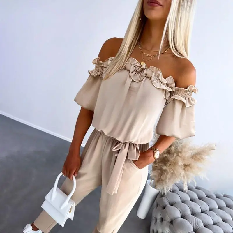 CHICME Women's Off-Shoulder Short-Sleeve Overalls, Frill Trim, Tie Waist, Textured Casual Jumpsuit