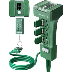 Outdoor Power Stake Timer Waterproof, 100FT Range Remote Control Outlet Timer, 6 Grounded Outlets 6FT Cord, Photocell Dusk to Dawn, for Lights, Garden, 1875W/15A UL Listed