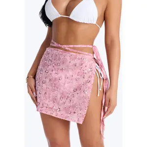 Salt Water Embellished Floral Sequin Trim Strappy Waist Tie Swim Cover Up Skirt - Pink