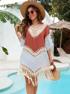 Women's Plain Crochet Fringe Trim Cover Up Dress, Casual Boho Sleeveless Cover Up Dress for Beach Holiday Vacation, Ladies Clothes for All Seasons