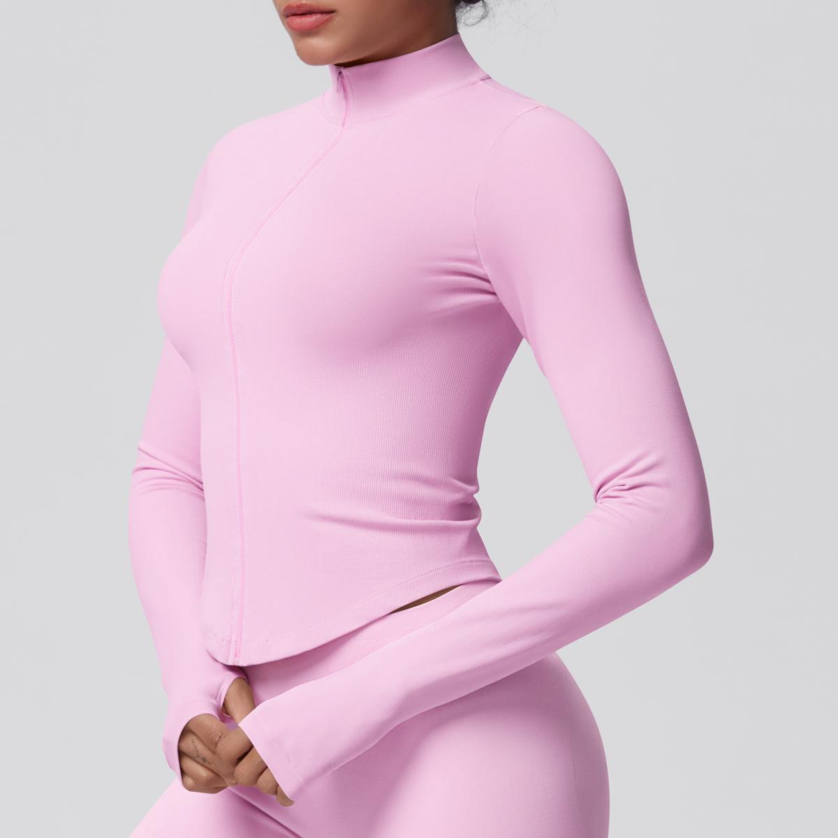 Women's Ribbed Cropped Yoga Jacket, Breathable Long Sleeve Zip-Up Compression Activewear with Thumb Holes for Gym & Running, Plus Size, Female, Large, Normal Type, Thumbhole Cuff, Tight, Slim-Fitting, Stretchable, Thumbholes, Slim Fit, Stretch Fabric