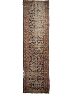 WORN Navy and Turmeric Heriz Runner in Water Garden Design | 2.9 x 12.8