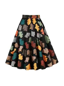 Leaf Print Tropical Summer Autumn Elegant Retro Casual Vacation Women's Skirt, Stylish Leaf Pattern Design, Perfect for Outdoor Activities