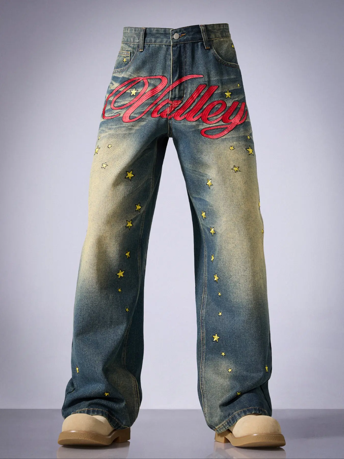Men's Vintage Washed Baggy Straight Leg Jeans, Casual Loose Fit Denim Jeans, Trendy Letter Embroidery, Relaxed Fit Jeans, All Seasons Wear
