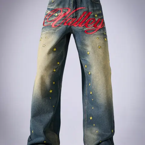 Men's Vintage Washed Leg Jeans, Casual Loose Fit Denim Jeans, Trendy Letter Embroidery, Relaxed Fit Jeans, All Seasons Wear, Vintage Inspired Jeans