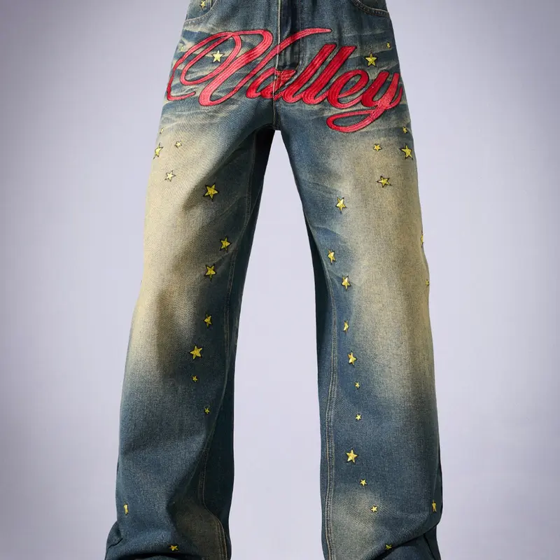 Men's Vintage Washed Leg Jeans, Casual Loose Fit Denim Jeans, Trendy Letter Embroidery, Relaxed Fit Jeans, All Seasons Wear, Vintage Inspired Jeans
