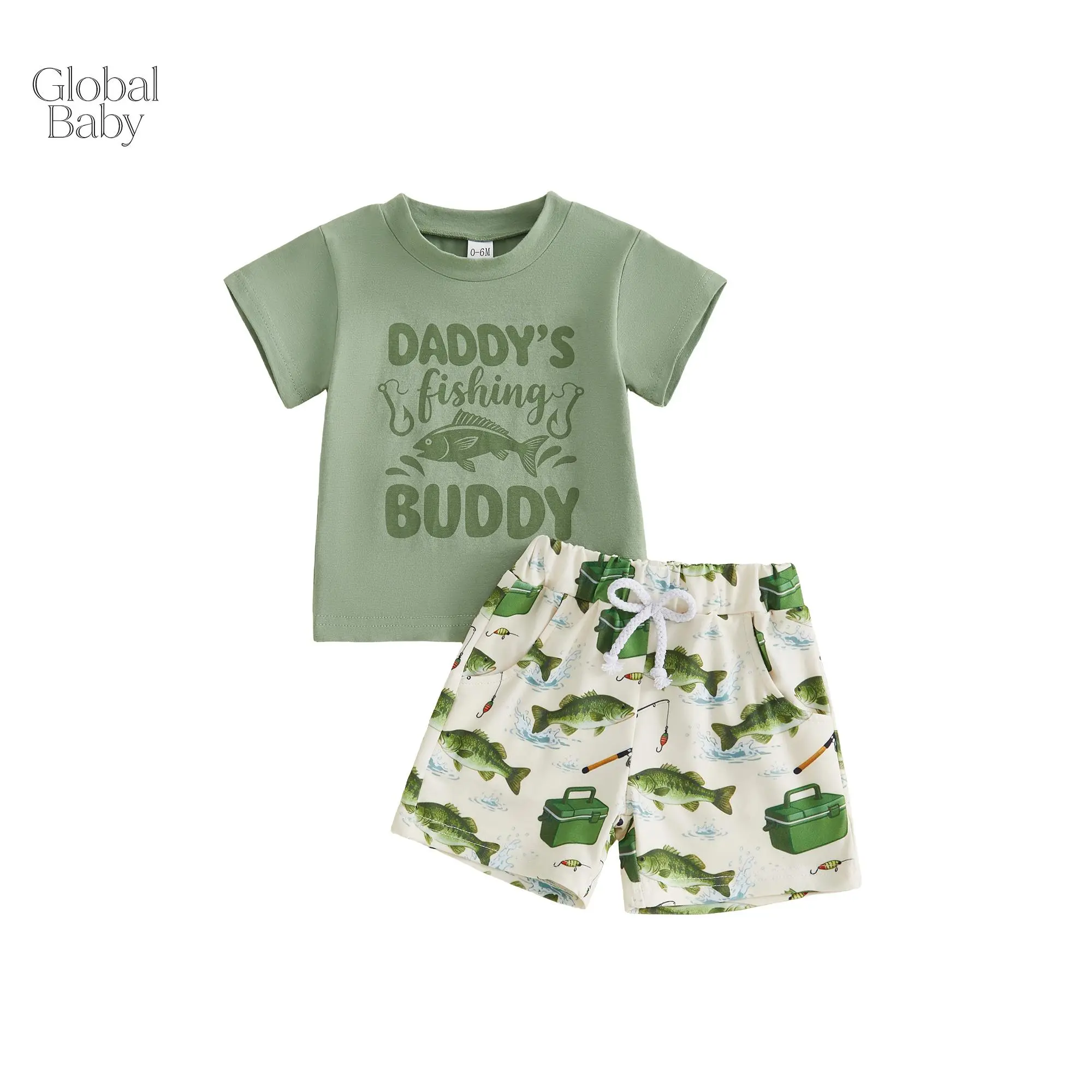 Global Baby Toddler Boy Summer Outfit Letter Print Short Sleeve Crew Neck T Shirt Fish Pattern Shorts 2 Piece Set Little Boy Summer Outfit Short Sleeve T-shirts and Solid Shorts
