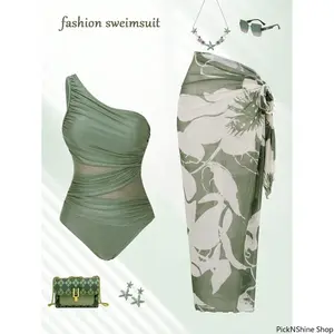 Women’s One Shoulder Mesh One Piece Swimsuit With Skirt Pleated Design Stretch Fabric Elegant Swimwear for Beach Vacation Pool Party Cruise Summer Wear