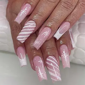 [BUY 2 GET 1 FREE] Pink Snowflake Sparkle Press On Nails, Long Coffin Set with Glitter Stripes, Frosted Tips & Holiday White Accents