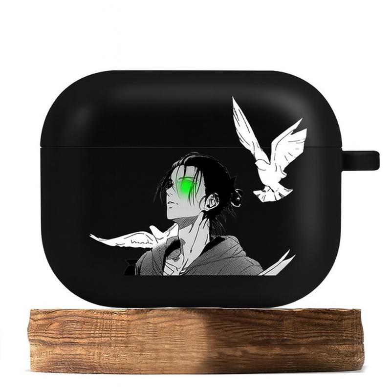 Attack on Titan Eren Yeager "Freedom" Aesthetic AirPods Case | Glowing Green Eye & White Birds | Matte Black Season 4 Cover for AirPods 1/2/3/4 & Pro