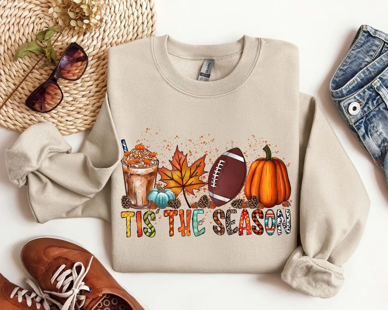 Tis The Season Sweatshirt, Fall Pumpkin Football Crewneck, Cute Autumn Season Graphic Tee, Trendy Women Fall Shirts, Thanksgiving Gift for Her, Cozy Aesthetic Pumpkin Pullover, Game Day Football Tee, Spooky Season Outfit, Fall Vibes Apparel